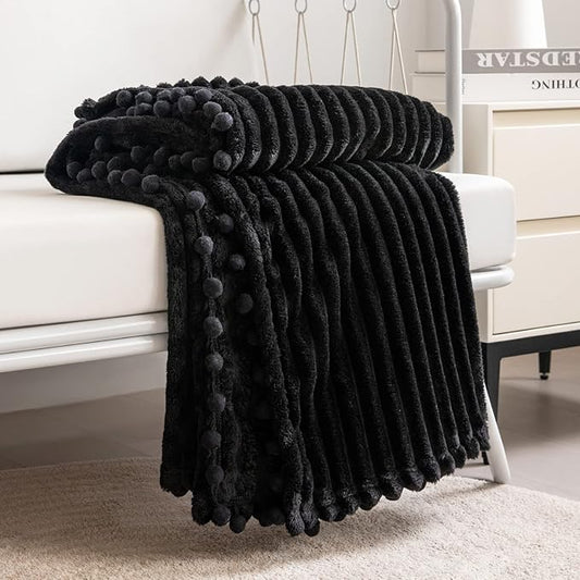 DISSA Fleece Blanket Throw Size ?€? 51x63, Black ?€? Soft, Plush, Fluffy, Fuzzy, Warm, Cozy ?€? Perfect Throw for Couch, Bed, Sofa - with Pompom Fringe - Flannel Blanket Throw Blanket