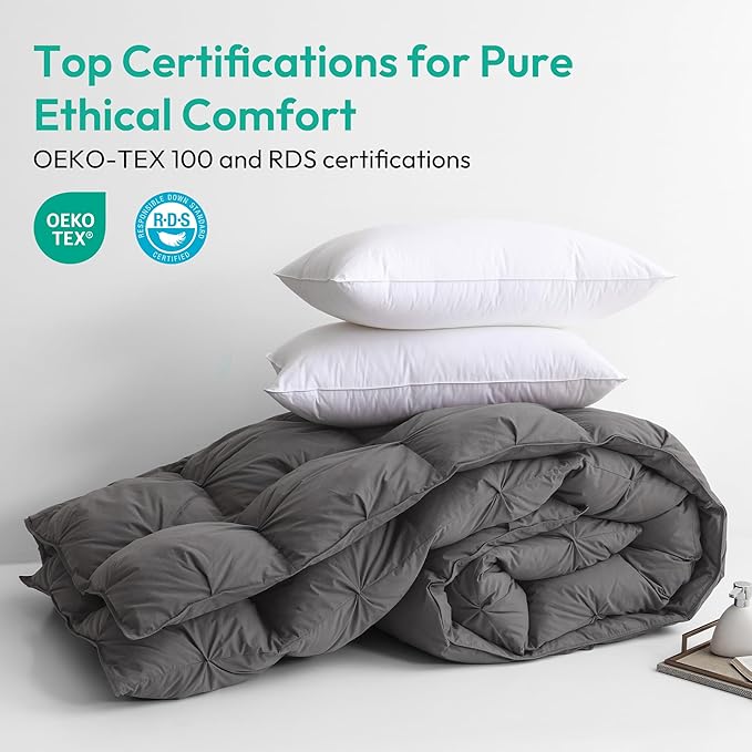 Three Geese Pinch Pleat Waterfowl Feathers and Down Comforter King Size Duvet Insert,750+ Fill Power,1200TC 100% Cotton, Premium All Seasons Gray Warm Hotel Comforter with 8 Tabs.