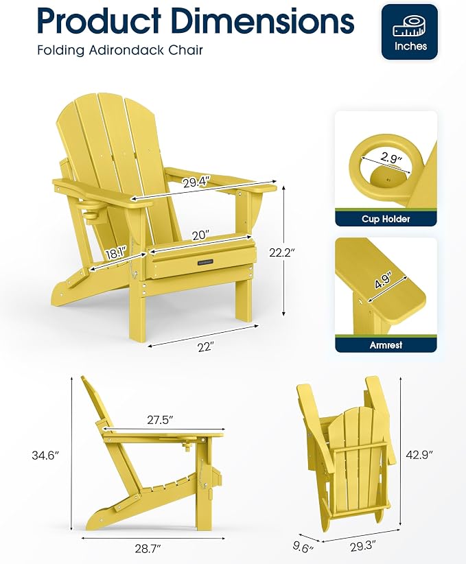 MUCHENGHY Folding Adirondack Chairs, Patio Chairs, Lawn Chairs, Outdoor Chair, Adirondack Chair Plastic, Fire Pit, Weather Resistant with Cup Holder for Deck, Backyard, Garden(Olive Yellow) - Image 3