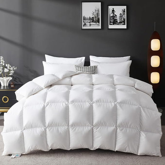L LOVSOUL Organic 75% Down Fiber Comforter Super King Size,850+FP,1200TC,Extra Fluffy,Hotel Style,Luxury Ultra Soft All Season White Duvet Insert with 8 Corner Tabs