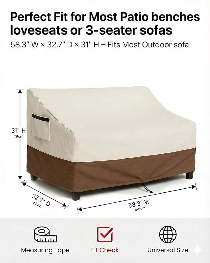 Outdoor Sofa Cover, Waterproof Patio Furniture Cover 58.3W x 32.7D x 31H inches Heavy Duty 600D Oxford Fabric Beige and Brown - Image 2