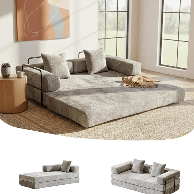 4-in-1 Folding Convertible Sofa Bed, 77" Floor Couch with Pillow - Chenille Fabric & High-Density Sponge & Fixed-Shape Frame, Modular Sofa for Living Room/Lounge/Studio, Light Grey