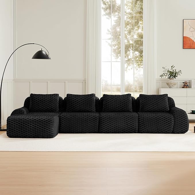 146" L-Shaped Compressed Sectional Cloud Sofa, Flannel Upholstered Modular Deep Seat Sofa with 5 Pieces, Modern Floor Boneless Foam Modular Cloud Couches for Living Room