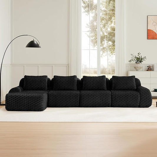 146" L-Shaped Compressed Sectional Cloud Sofa, Flannel Upholstered Modular Deep Seat Sofa with 5 Pieces, Modern Floor Boneless Foam Modular Cloud Couches for Living Room