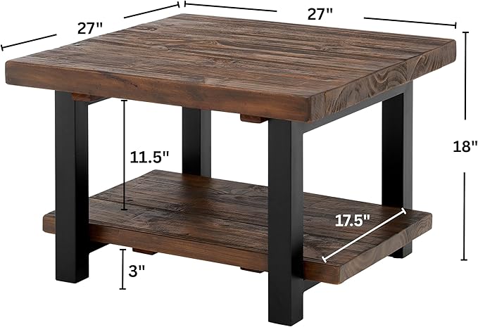 Alaterre Furniture Pomona Living Room Tables – 27 Inch Square Solid Wood Coffee Table with Metal Legs – Modern Farmhouse Rustic Small Space Table (Rustic Brown)