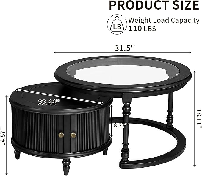 31.5'' Glass Top Round Coffee Table with Storage, Solid Wood and MDF Fluted Coffee Table Set of 2 for Living Room Office, Black