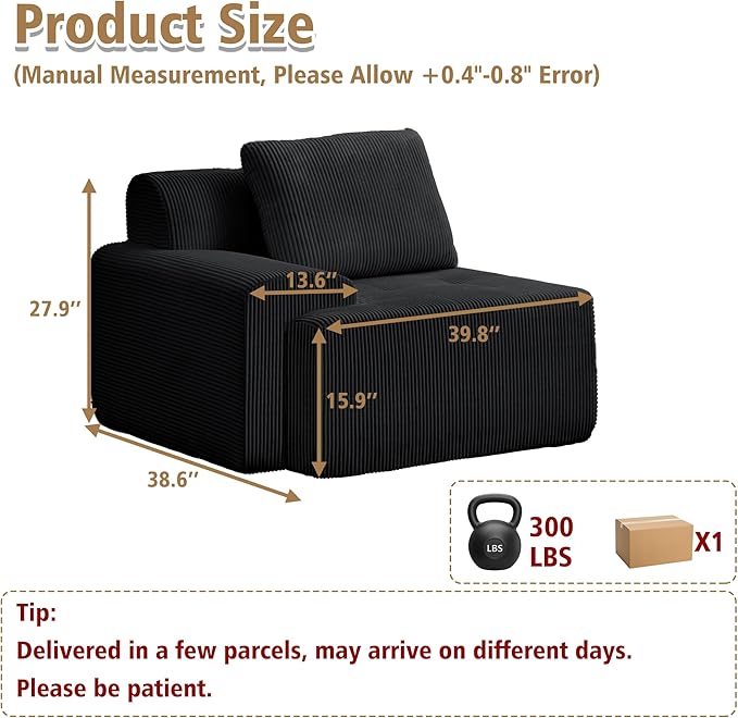 KIGOTY Modular Sectional Sofa, Comfy Cloud Sectional Couch with Left Armrest, Corner Couch, Modern Boneless Sofas for Living Room, No Assembly Required, Black