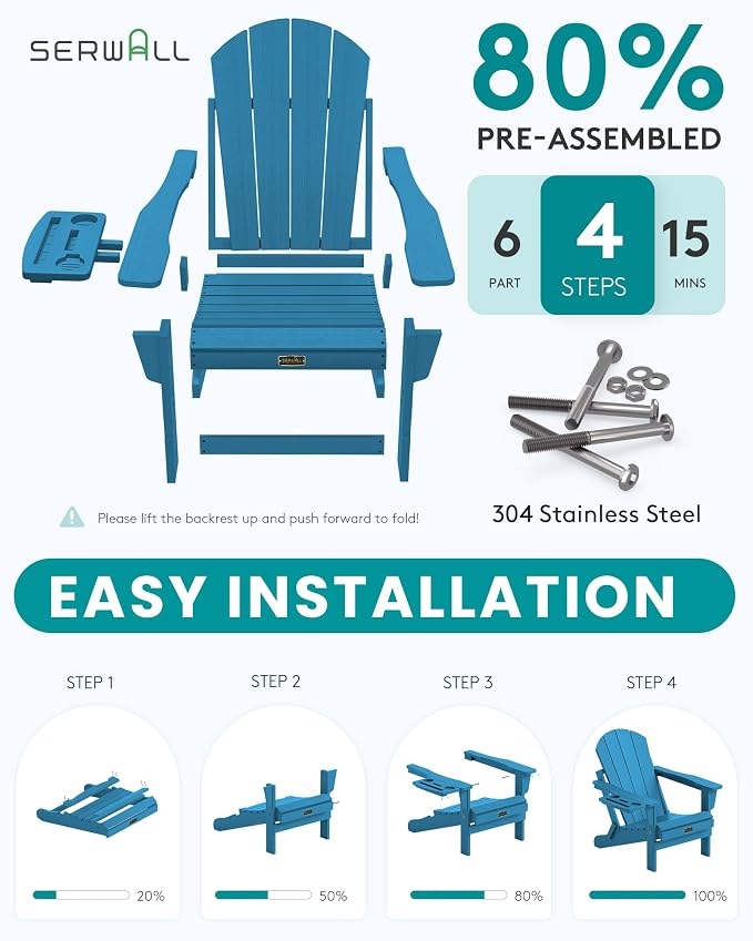 SERWALL Folding Adirondack Chair with 4 in 1 Multi-Functional Cup Holder, Wood Texture Adirondack Chairs for Patio Garden Outdoors, All-Weather Plastic Fire Pit Chairs - Sapphire - Image 3