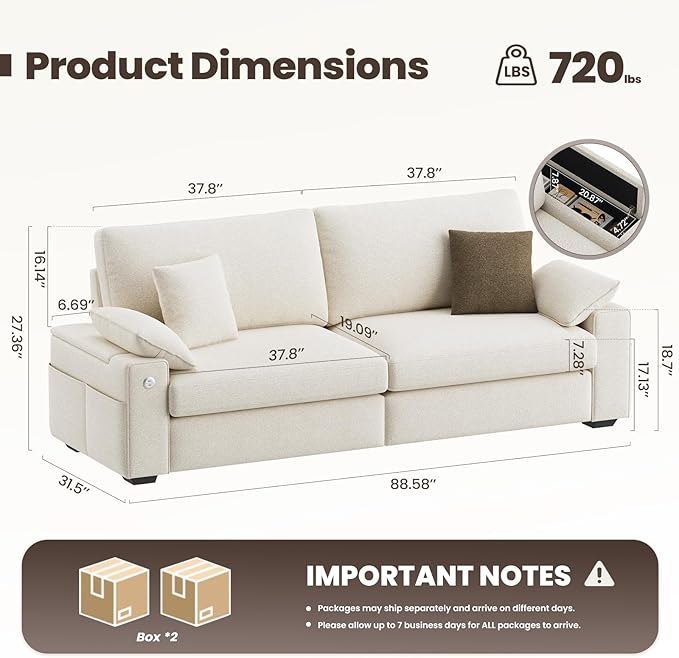 89" Loveseat Sofa, Cloud Foam Couch, 3 Seater Upholstered Midcentury Mondern Love Seat with USB Type C Ports, 4 Pillows and Storage Armrest for Living Room/Small Spaces, Beige | Breathable material