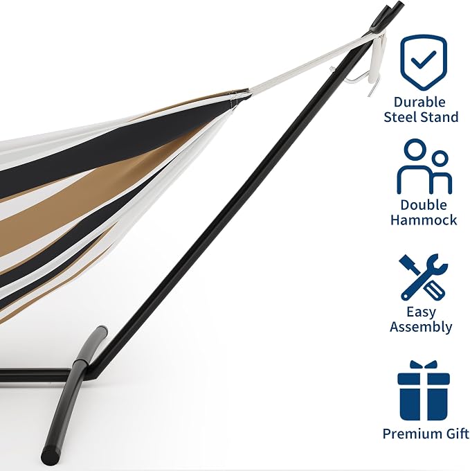Double Hammock with Steel Stand - 2 Person Hammock Bed Indoor Outdoor, Brazilian-Style, with Carry Bag, 450lb Capacity, Portable & Easy Assembly, Coffee - Image 4