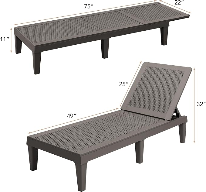 Devoko Outdoor Chaise Lounge Chair Set of 2 for Outside Pool Patio, Adjustable Waterproof Easy Assembly Chaise Lounge Outdoor (Deep Brown, Set of 2) - Image 3