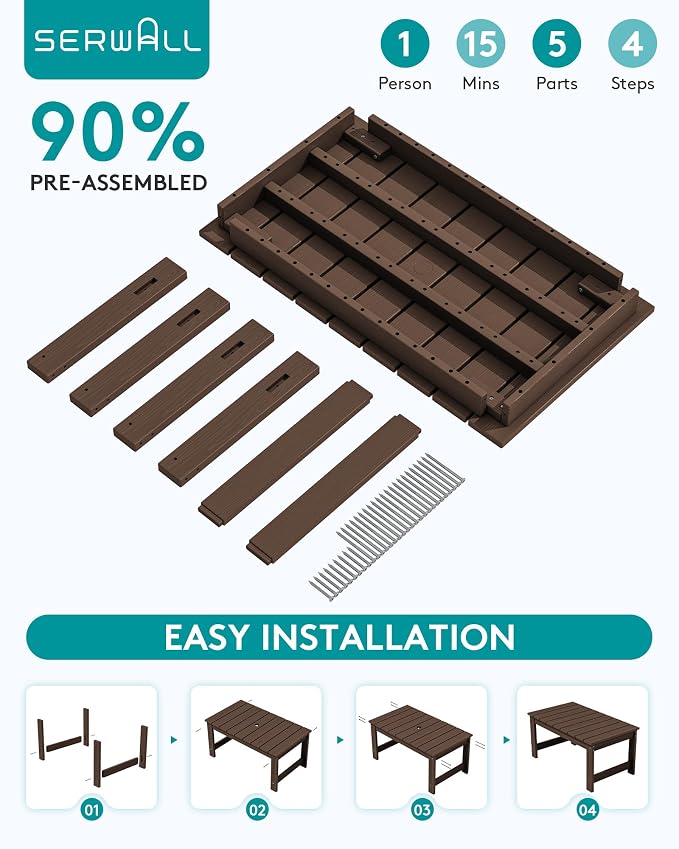 SERWALL Outdoor Coffee Table with 9FT Umbrella, HDPE Patio Coffee Table for Outside, Rectangle, Coffee(Not Include Umbrella Base) - Image 5