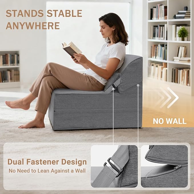 BeBen Folding Sofa Bed Chair, Convertible Sleeper Chair Futon Couch, Foldable Boneless Floor Lounger Sofa, Single Foam Chair Bed for Small Spaces, Dorm, Guest Room, Living Room, Apartment, Grey