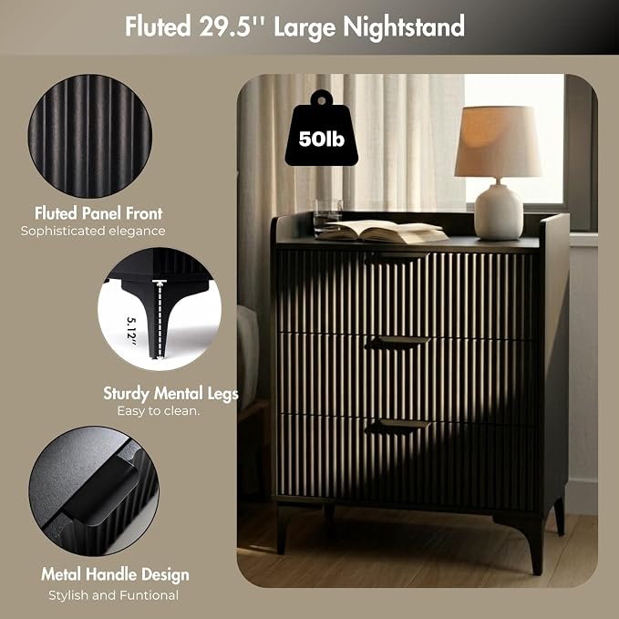 Modern Fluted Wood 3-Drawer Tall Nightstand, 30'' High Bedside Table for King or Queen Beds, Narrow Storage Cabinet for Bedroom, Black - Image 3