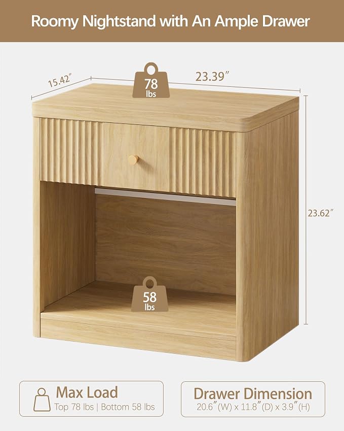 Night Stand Set of 2 Nightstands with Drawer, Large Modern Fluted Bedside Table End Table with Storage for Bedroom, Sofa, Office, Natural Oak - Image 2