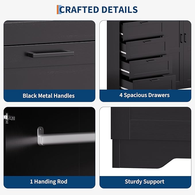 IDEALHOUSE 43.3'' H Armoire Wardrobe Closet with 4 Drawers and 2 Doors, Hanging Rod, Multifunctional Wooden Dresser with Storage Closet, Bathroom Cabinet for Bedroom, Black