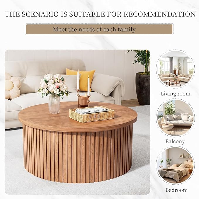Fluted Lift Top Coffee Table with Hidden Storage, 31.6 Inch Round Coffee Tables for Living Room, Circle Wood Center Tables for Home (Walnut)