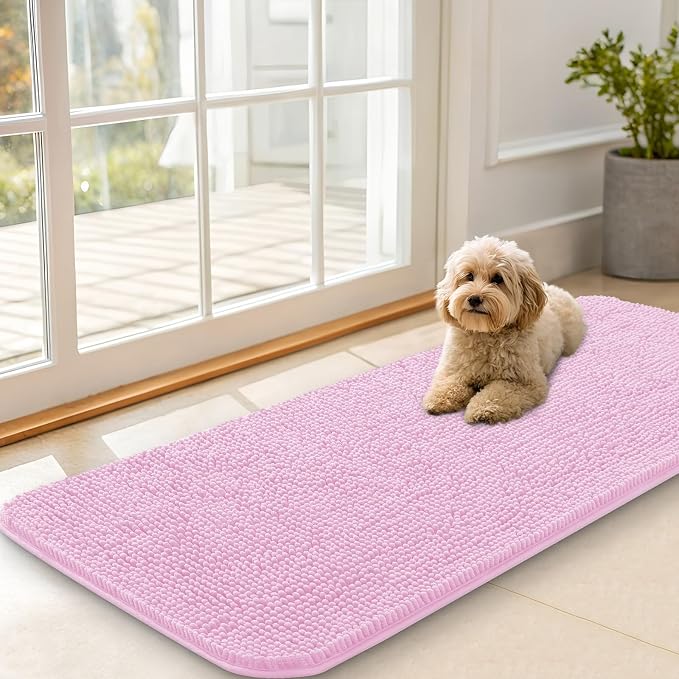 OLANLY Dog Door Mat for Muddy Paws 47x20, Absorbs Moisture and Dirt, Absorbent Non-Slip Washable Doormat, Quick Dry Chenille Mud Mat for Dogs, Entry Indoor Entryway Carpet for Inside Floor, Pink by OLANLY