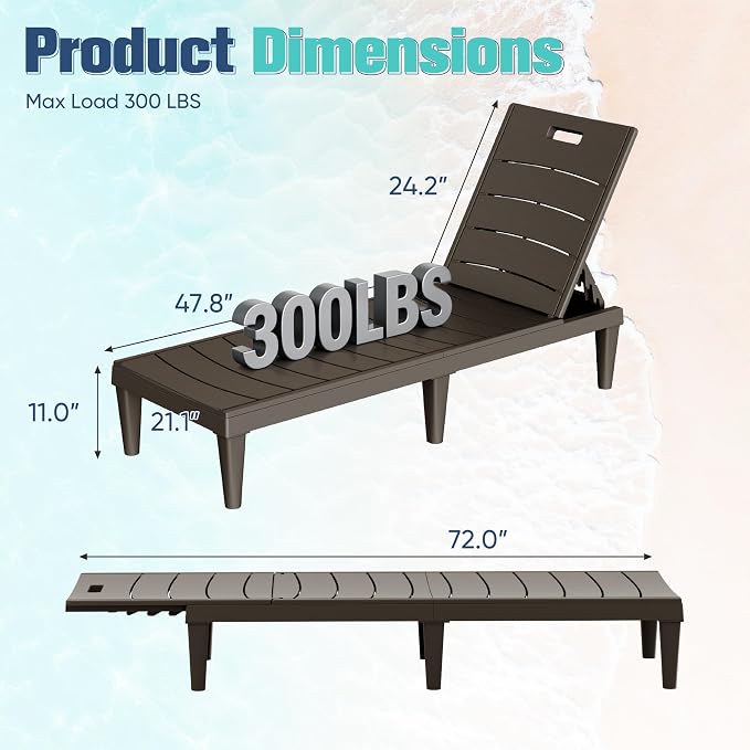 Devoko Outdoor Chaise Lounge Chair Set of 2 with 5-Position Adjustable Back, Waterproof & Lightweight PP Lounge Chairs for Outside Pool Patio (Deep Brown) - Image 2