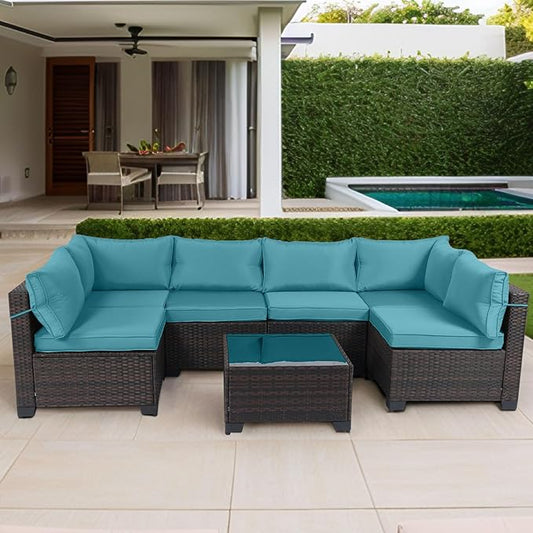 CHABATREE 7 Pieces Outdoor Patio Furniture Sets,Rattan Conversation Sectional Set,Manual Weaving Wicker Patio Sofa with Tea Table
