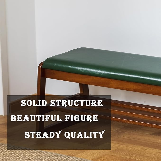 latifolia Solid Wood Bench, Entryway Shoe Bench with Cushion, 2 Tier Shoe Storage Organizer for Hallway, Living Room(Green,21.65''L) - Image 3