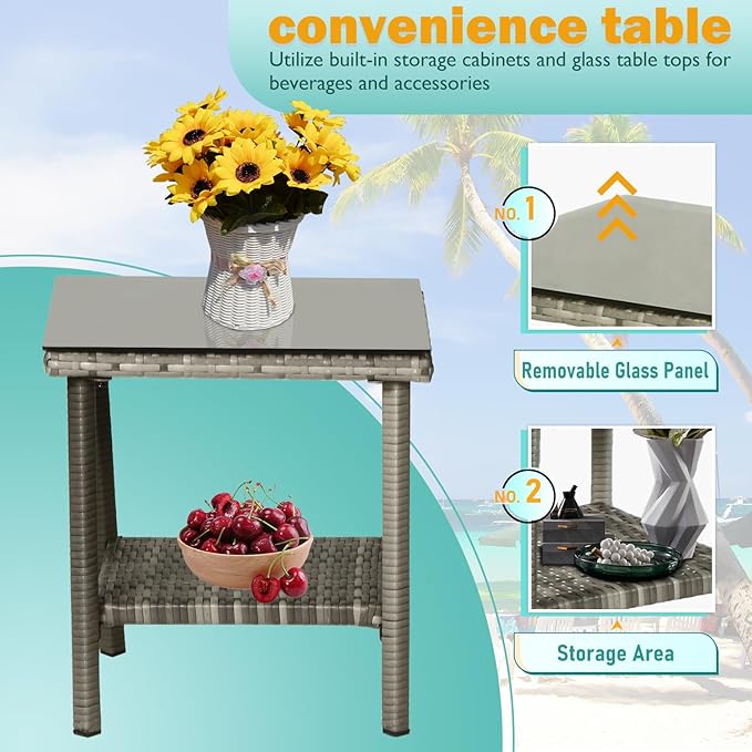 PayLessHere Set of 3 Outdoor Furniture Set Patio Furniture Set Gray Conversation Set with 2 Rattan Chairs Glass Coffee Table for Coffee Bar Poolside Patio Outdoor, Blue Cushions