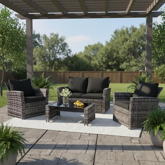 FHFO Oversized 4 Piece Outdoor Patio Furniture Set,Wicker Conversation Sets Outdoor Sectional Patio Sofa Couch with Cushions & Coffee Table for Outside, Garden, Balcony, Porch, Grey/Black