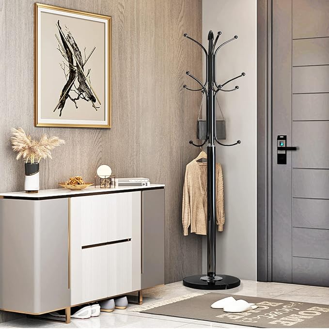 Kertnic Metal Coat Rack Stand with Natural Marble Base, Free Standing Hall Tree with 12 Hooks for Hanging Scarf, Bag, Jacket, Home Entry-way Hat Hanger Organizer (Black) - Image 8
