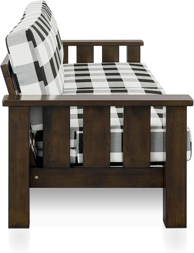 Furniture of America Gavik Modern 2-Piece Solid Wood Sofa Set with Plaid Removable Cushions, Black and White Upholstery Fabric, Comfortable Couch and Loveseat for Living Room, Dark Walnut