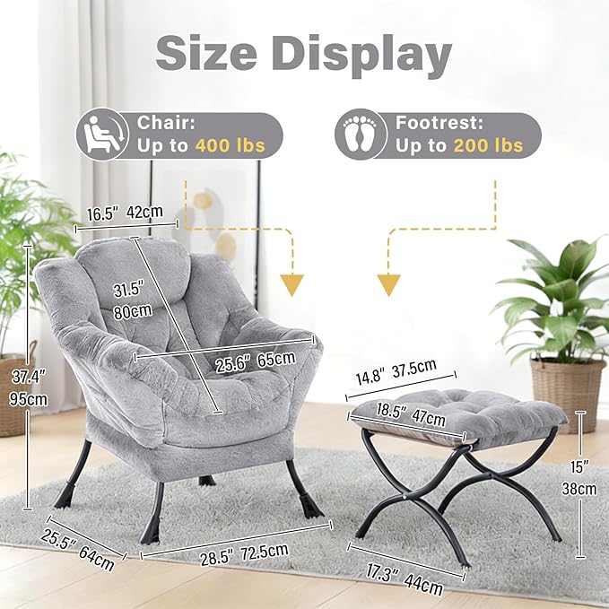 Plush Lazy Chair and Ottoman, Large Light Grey Contemporary Accent Chair with Side Pocket, Modern Leisure Upholstered Reading Armchair with Footrest for Office, Bedroom, Living Room, Balcony
