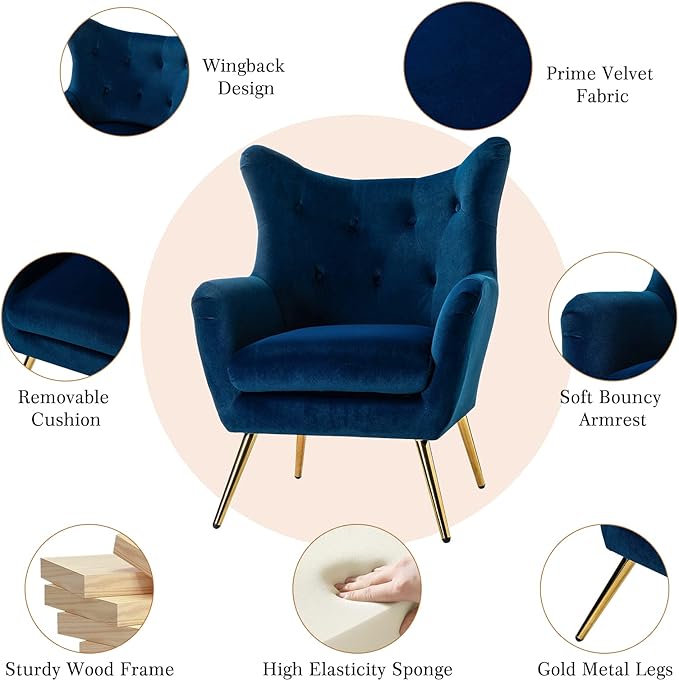 HULALA HOME Velvet Accent Chair, Modern Wingback Arm Chair with Metal Gold Legs, Velvet Tufted Upholstered Single Sofa Chair for Living Room Bedroom, Dining Room Accent Club Guest Chair (Navy)