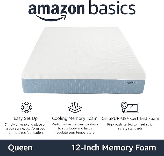 Amazon Basics Medium-Firm Memory Foam Mattress, Cooling Gel, Breathable, CertiPUR-US Certified Foam, Queen Size, 80 x 60 x 12 inches, White/Gray
