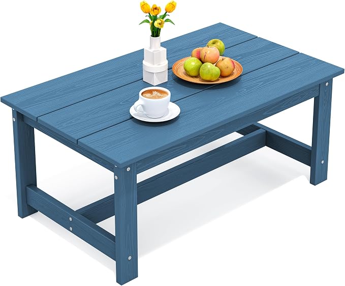 SERWALL HDPE Patio Coffee Table, Rectangle Outdoor Coffee Table, All-Weather Coffee Side Table for Balcony, Poolside, Deck, Garden, Blue by SERWALL
