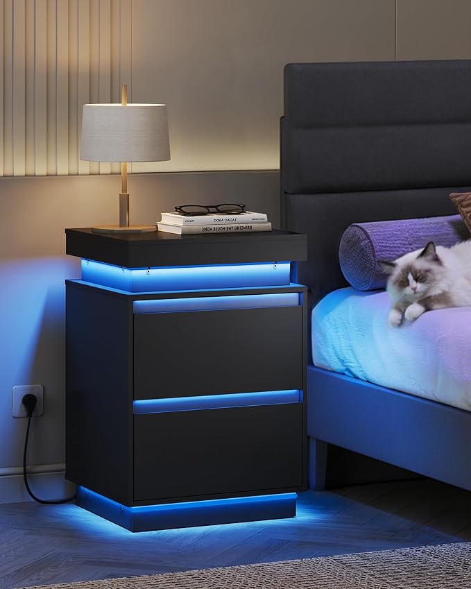 WLIVE Tall Black Nightstand with LED Lights and Charging Station, Modern Night Stand Bedside Table with 2 Wooden Drawers and Sliding Top, End Side Table for Bedroom, Living Room, Office - Image 2
