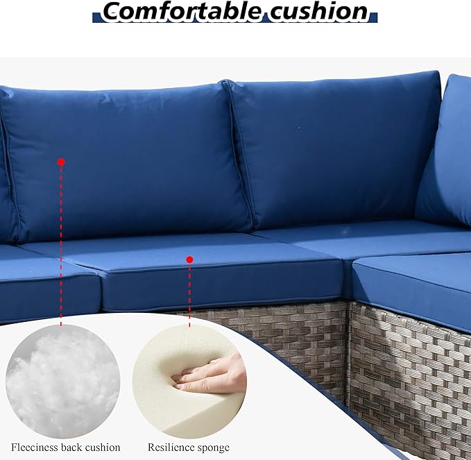 HOOOWOOO Modular Patio Outdoor Sectional Furniture Set,6 Piece Wicker Conversation Sofa Set,Out Door Couch Set with Wide Arm for Outside All Weather(Navy Blue)