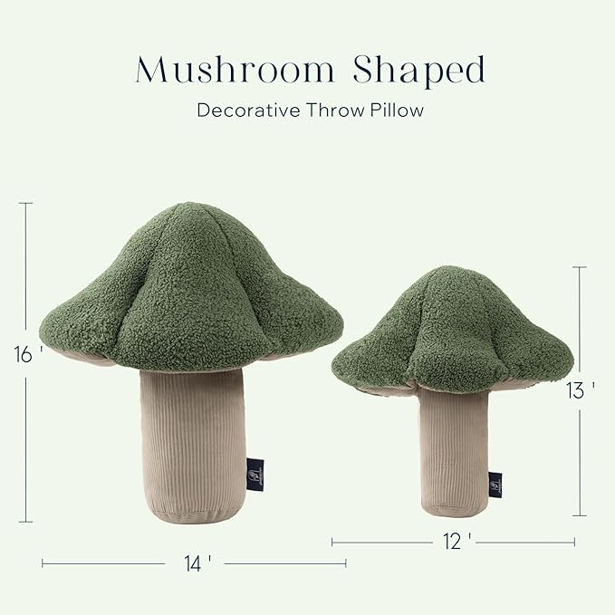 Phantoscope Mushroom Shaped Throw Pillow, Teddy Fleece Soft Mushroom Decorative Pillows Cute 3D Shaped Cushion for Couch Sofa Bed Chair, Light Green,16 x14 inches