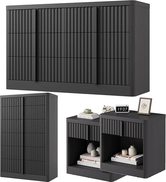 Fluted Dresser and Nightstand 4-Piece Bedroom Set, 47" Wide 6-Drawer + 49" Tall 6-Drawer Dresser and 2 Nightstands with Charging Station, Modern Bedroom Dressers Sets, Hallway, Living Room, Black