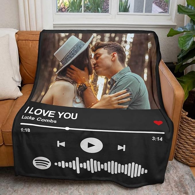 Printwoo Personalized Spotify Code Music Blanket Custom Blanket with Picture Text Customized Blankets Thows Photo Blankets Customize Gifts for Mom Dad Couple Girlfriend Boyfriend Wife Husband