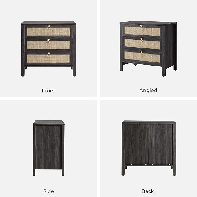 SICOTAS Night Stand with Drawers, Large Rattan Bedside Table with Golden Handle, 3 Drawers Nightstand Tall End Table Side Table Boho Nightstand for Bedroom - Image 9