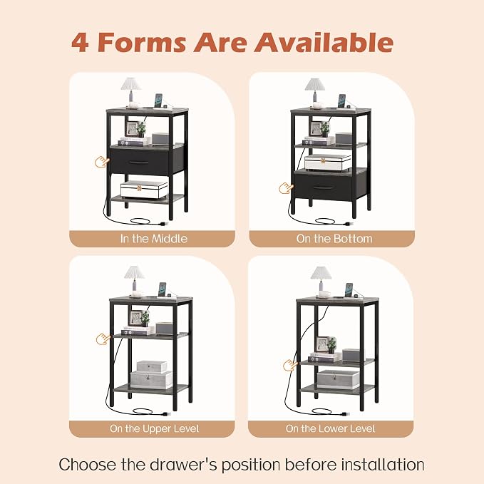 SUPERJARE Nightstand Set of 2, Bed Side Tables with Charging Station, Adjustable Fabric Drawer, Night Stand for Bedroom, 3-Tier Storage End Tables, for Living Room - Charcoal Gray - Image 3