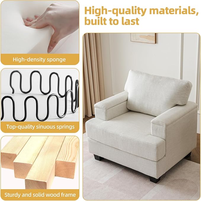 Oversized Accent Chair with Armrest Organizer,Comfy Living Room Chairs with Thick Cushion,Upholstered Linen Fabric Armchair,Big Reading Chair,Sofa Chair for Bedroom