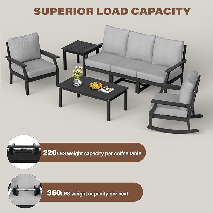 HDPE Patio Conversation Set, 7-Piece All Weather Outdoor Furniture Set with 1 Single Rocking Armchairs for Deck, Lawn, with Cushion, Black
