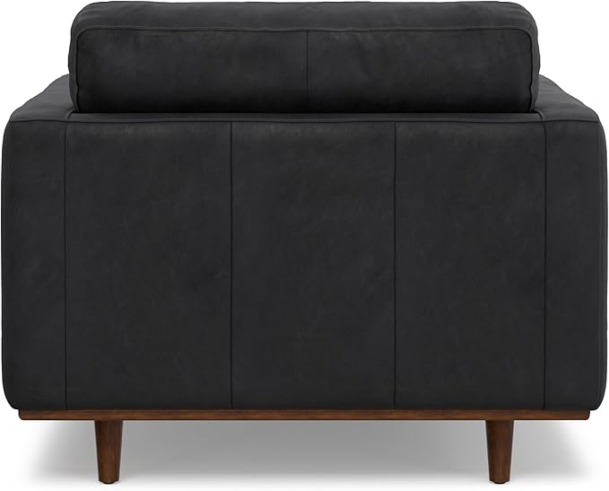 SIMPLIHOME Morrison Arm Chair - 42 inch Wide Upholstered Genuine Leather Mid-Century Modern Accent Chair in Lead Black with Solid Wood Legs, Reversible Bolster Pillows and Reclined Back