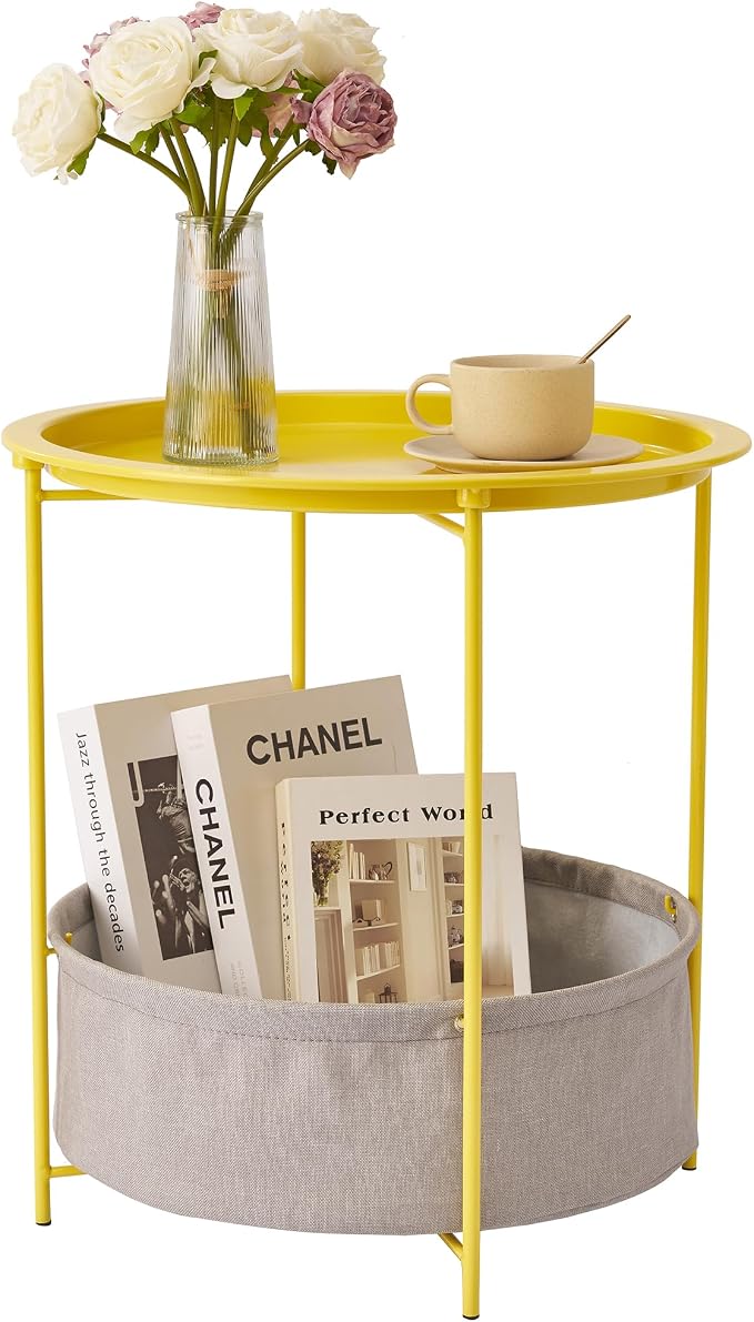 VECELO Round Side/End Table with Fabric Storage Basket，Metal Anti-Rust and Waterproof Small Bedside Nightstand with Removable Tray Top for Living Room，Balcony & Laundry，Yellow /1pcs with Basket by VECELO