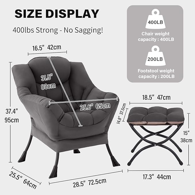 Tiita Lazy Chair with Ottoman, Modern Large Accent Lounge Chair, Leisure Sofa Armchair with Ottoman, Reading Chair with Footrest for Bedroom, Living Room, Dorm Rooms, Garden Dark Grey