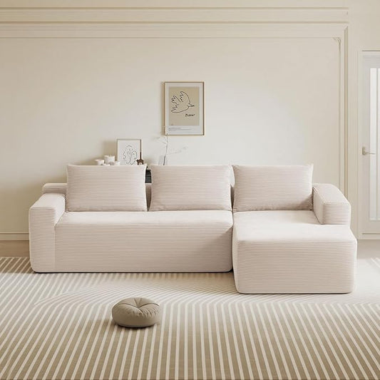 97inch Boneless L-Shaped Sectional Sofa with Throw Pillow & Side Pockets- No Assembly Compressed Modular Couch, Memory Foam, Deep Seat for Living Room, Bedroom, Apartment White Right