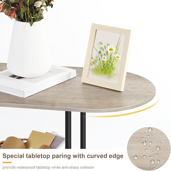 OYEAL Coffee Tables for Living Room 2-Tier Small Oval Table with Storage Shelf Mid Century Round Center Table for Display, Small Space,Home Office, Rustic Grey
