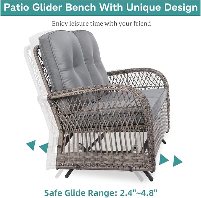 MEETWARM 7 Pieces Outdoor Patio Rattan Furniture Sets, All Weather Patio Wicker Conversation Set- 2 Rocking Chairs, 2 Swivel Chairs, 1 Loveseat Glider w/Cushions, 2 Glass-Top Coffee Table, Gray