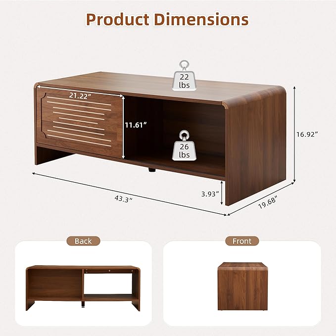 43.3'' Coffee Table, 2-Tier Rectangle Center Table with Sliding Door, Wood Modern Coffee Tables with Sturdy Base & Rounded Corners for Living Room, Office, Small Space