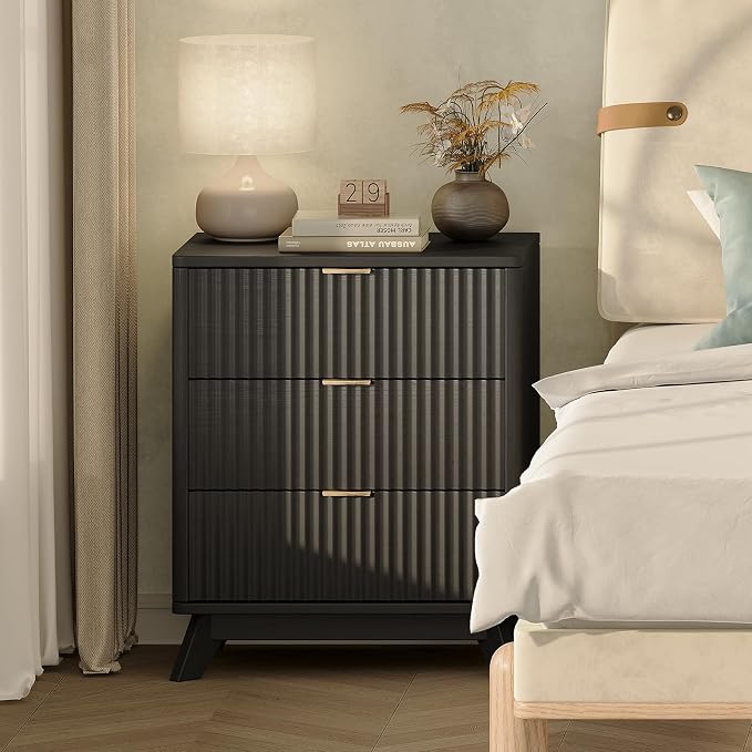 30" Tall Fluted NightStand Set of 2,Modern Side Table with Storage, 3 Drawers End Table with Charging Station,Night Stand Wood Bedside Tables for Bedroom,Curved Profile Design,Black - Image 2
